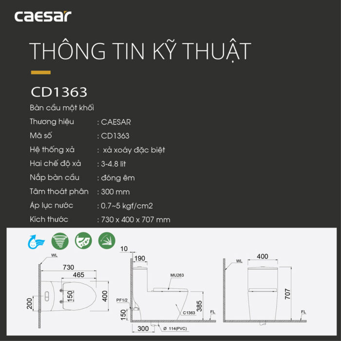 Bồn cầu 1 khối CAESAR C1363 nắp êm MU263 - Ảnh 2