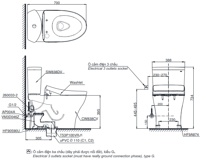 TOTO CS838CDW12 - Bồn cầu thông minh nắp rửa điện tử TCF4911EZ
