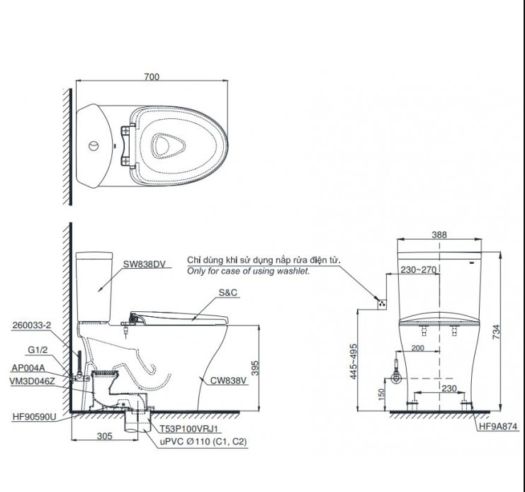 TOTO CS838DT2 - Bồn cầu 2 khối nắp êm TC393VS
