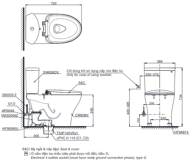 TOTO CS838DT8 - Bồn cầu 2 khối nắp êm TC600VS