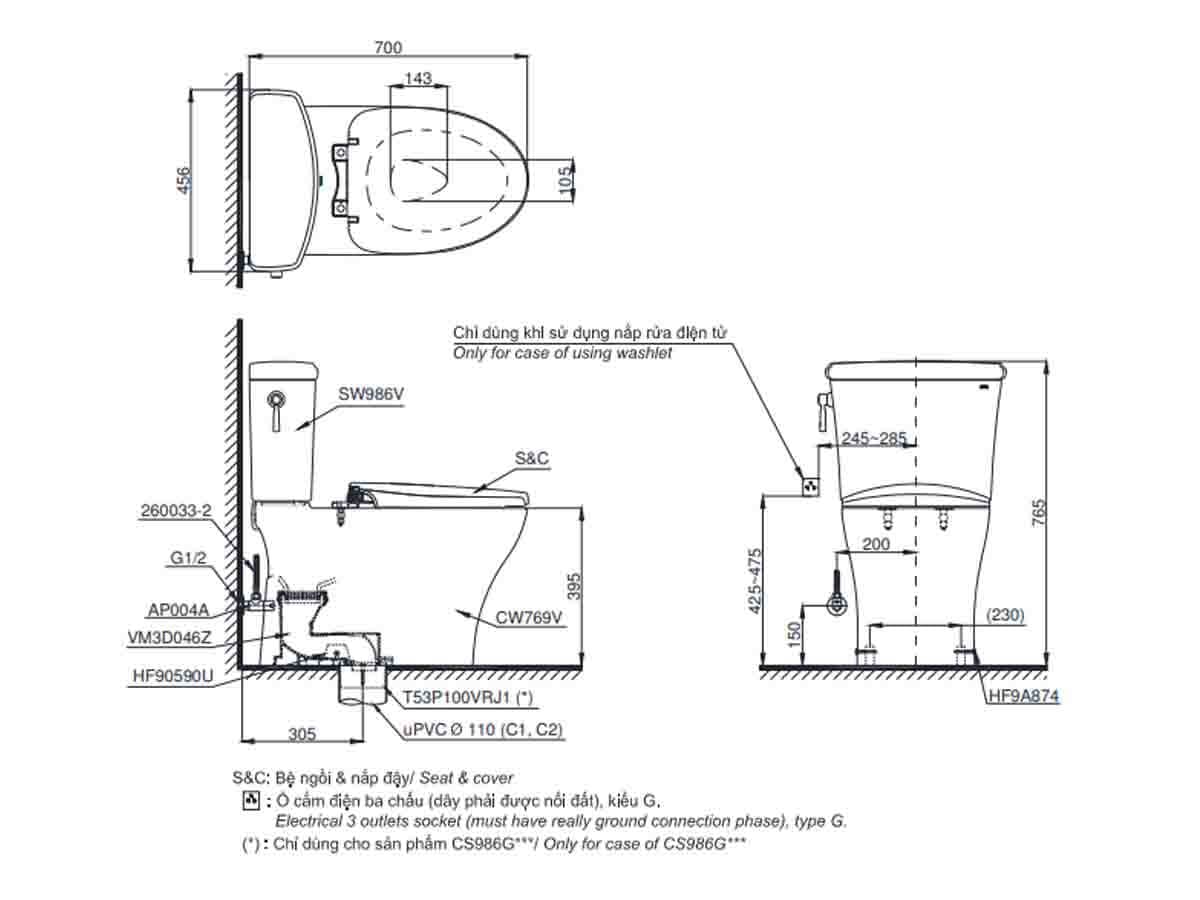TOTO CS986GE2 - Bồn cầu thông minh nắp rửa cơ TCW07S