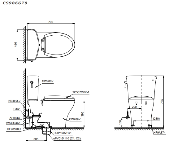 TOTO CS986GT9 - Bồn cầu 2 khối nắp êm