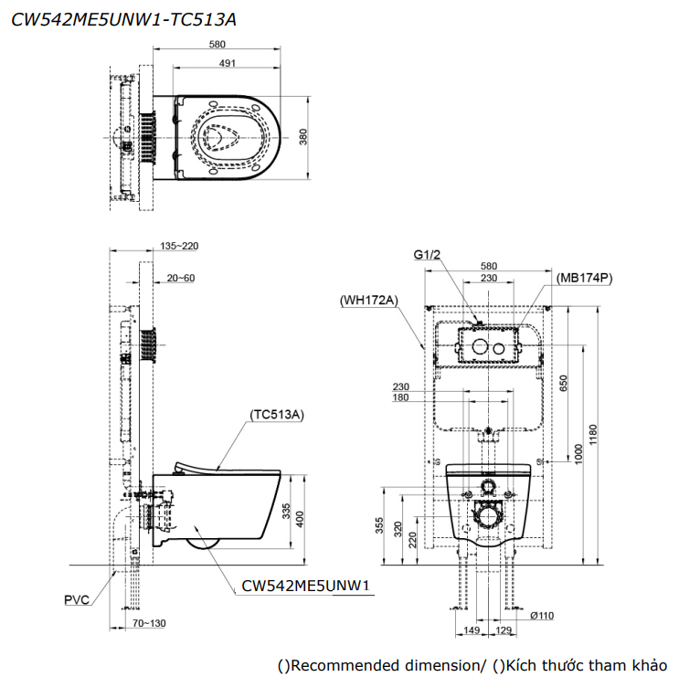 TOTO CW542ME5UNW1 TC513A - Bồn cầu treo tường nắp êm