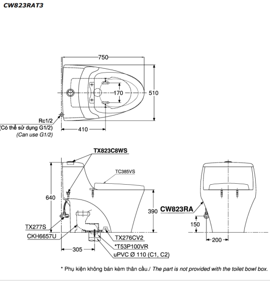 TOTO CW823RAT3 - Bồn cầu 1 khối nắp êm TC385VS