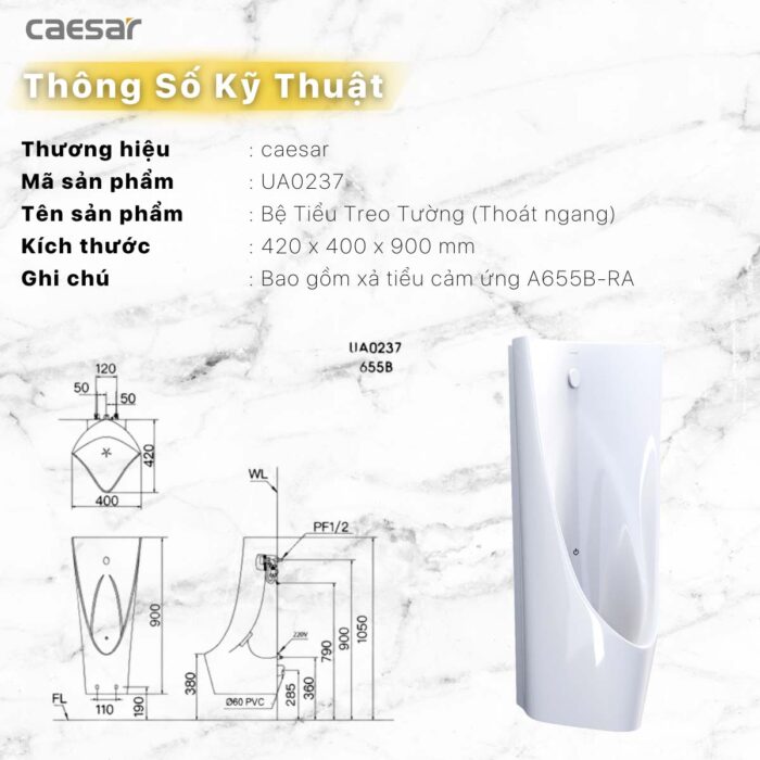 Bồn Tiểu nam CAESAR UA0237 cảm ứng treo tường - Ảnh 3