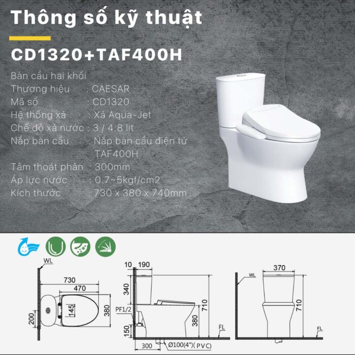 Bồn cầu thông minh CAESAR CD1320 TAF400H nắp rửa điện tử - Ảnh 3