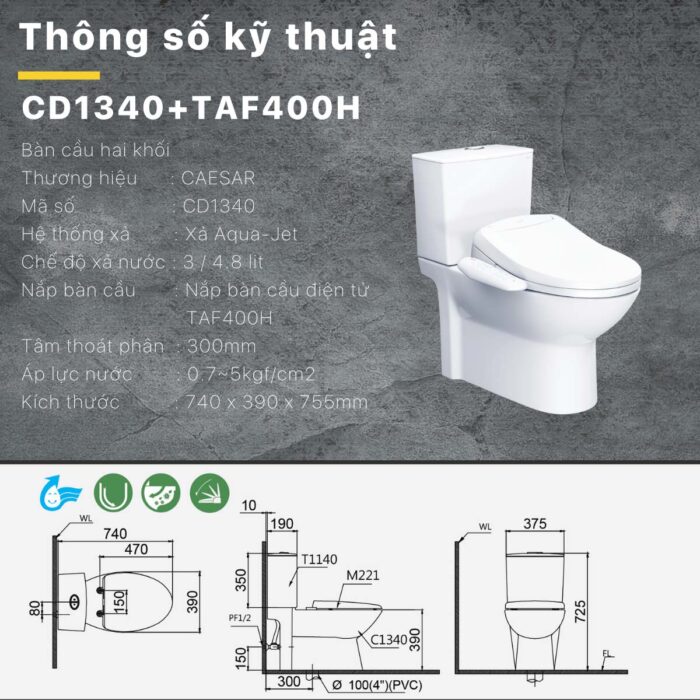 Bồn cầu thông minh CAESAR CD1340 TAF400H nắp rửa điện tử - Ảnh 3