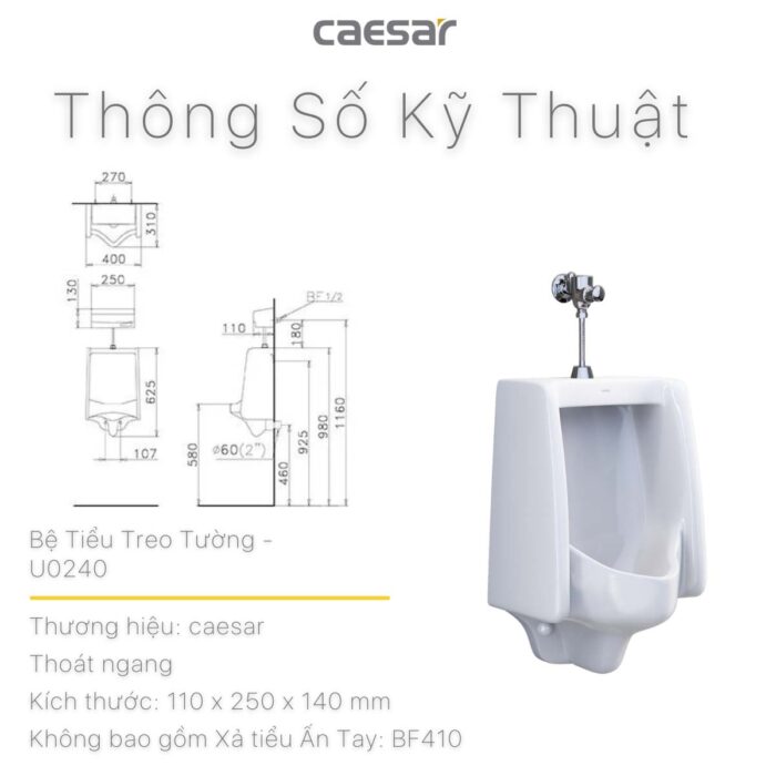 Bồn tiểu nam Caesar U0240 treo tường - Ảnh 3