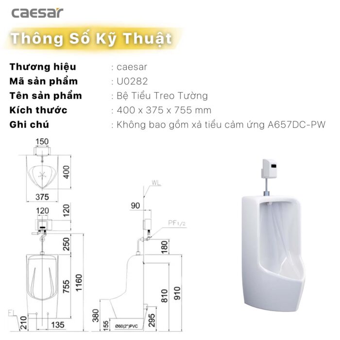 Bồn tiểu nam Caesar U0282 treo tường - Ảnh 3