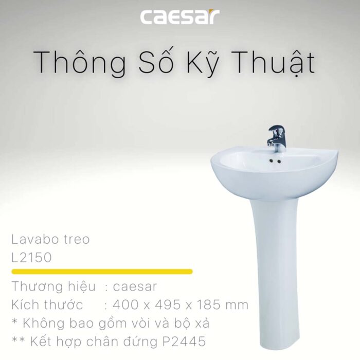 Chậu lavabo treo tường CAESAR L2150 P2445 chân dài - Ảnh 3