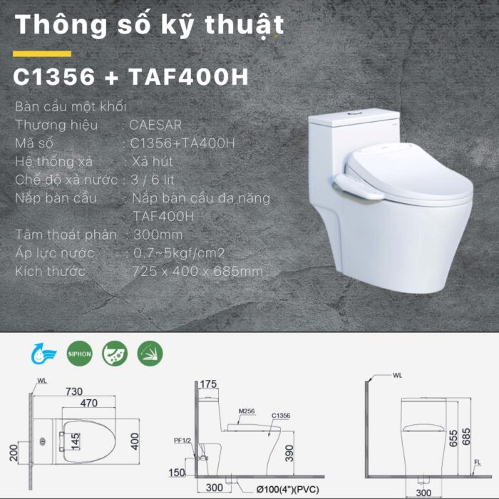 Bồn cầu thông minh CAESAR C1356F TAF400H (CD1356) nắp rửa điện tử - Ảnh 4