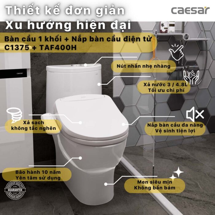 Bồn cầu thông minh CAESAR C1375F TAF400H (CD1375) nắp rửa điện tử - Ảnh 2