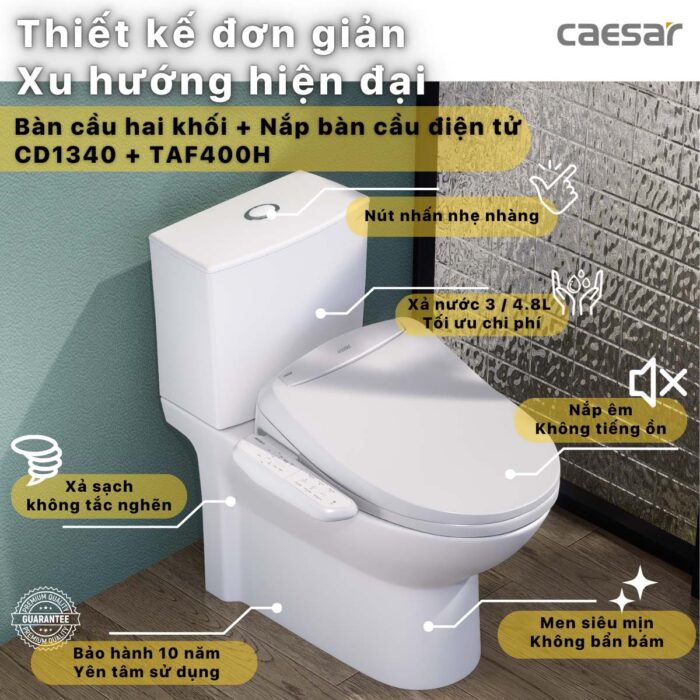 Bồn cầu thông minh CAESAR CD1340 TAF400H nắp rửa điện tử - Ảnh 2