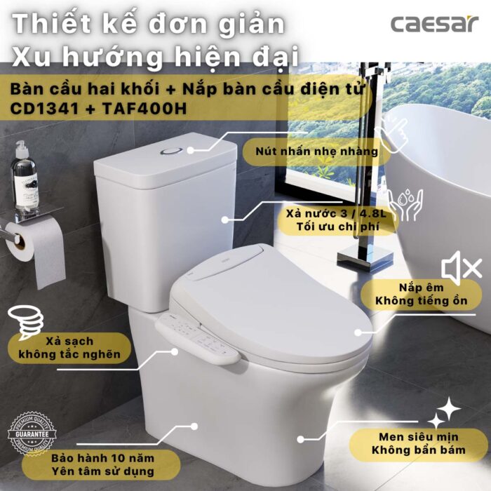 Bồn cầu thông minh CAESAR CD1341 TAF400H nắp rửa điện tử - Ảnh 2