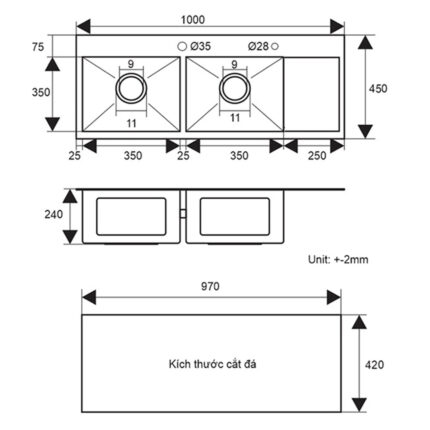 Bản vẽ kỹ thuật Chậu rửa bát inox Sevilla SV-10045 dương bàn 2 hố 1 bàn