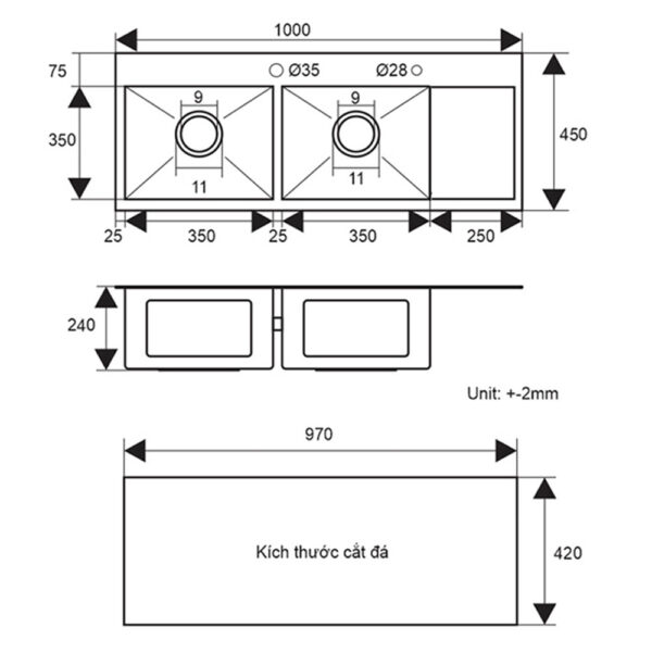 Bản vẽ kỹ thuật Chậu rửa bát inox Sevilla SV-10045 dương bàn 2 hố 1 bàn