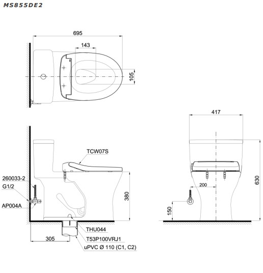 TOTO MS855DE2 - Bồn cầu thông minh nắp rửa cơ TCW07S 1 TOTO MS855DE2 - Bồn cầu thông minh nắp rửa cơ TCW07S