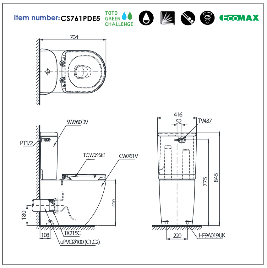 TOTO CS761PDE5 - Bồn cầu thông minh nắp rửa cơ TCW09SK1 1 ban-cau-toto-nap-eco-CS761PDE5-ban-ve-minh-phuong