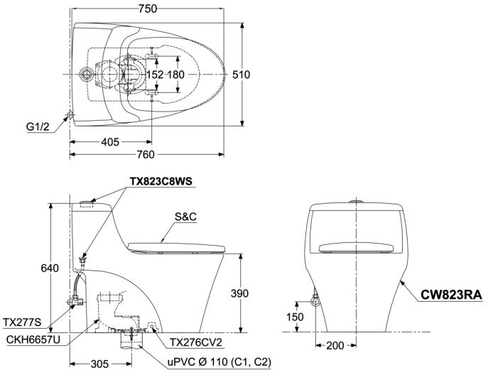 TOTO CW823RAE4 - Bồn cầu thông minh nắp rửa cơ TCW1211A