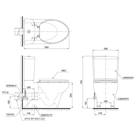 TOTO CS945PDW7 - Bồn cầu thông minh nắp rửa điện tử TCF6631A