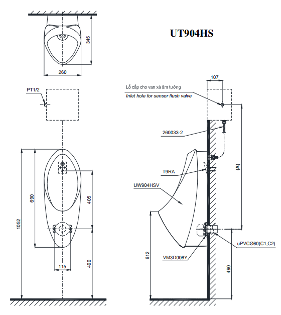 Bản vẽ kỹ thuật bồn tiểu nam TOTO UT904HS