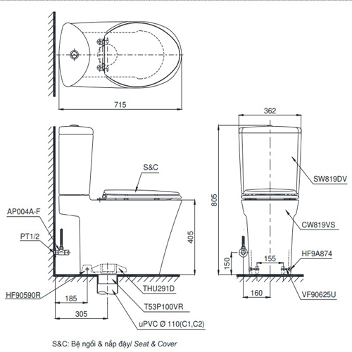 bản vẽ ký thuật của bàn cầu TOTO CS819DSW11