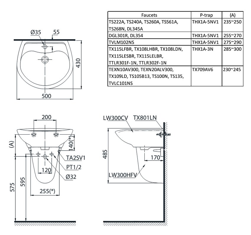 TOTO LHT300CM - Chậu lavabo treo tường chân ngắn 1 Chậu rửa chân lửng TOTO LHT300CM bản vẽ kỹ thuật
