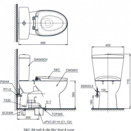 TOTO CS300DT8Y1 - Bồn cầu 2 khối nắp êm TC600VS 2 CS300DT8Y1-1