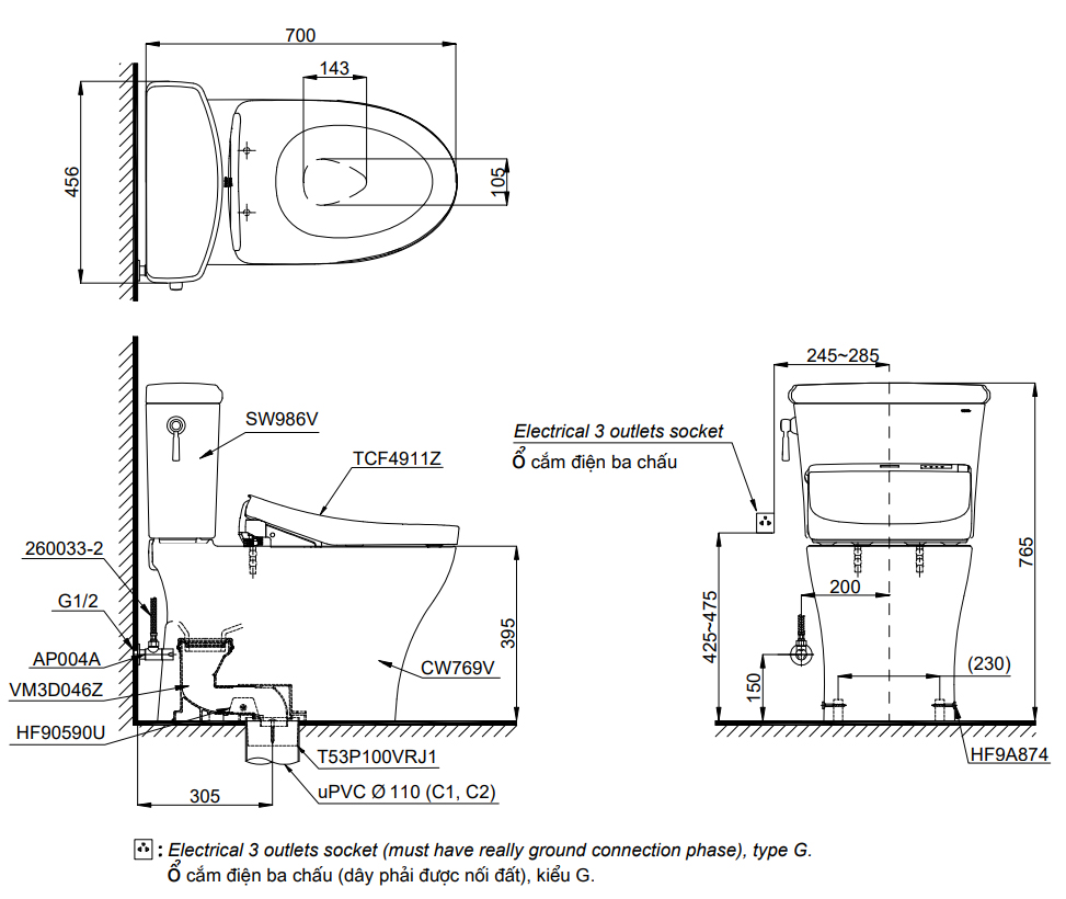 TOTO CS986GW11 - Bồn cầu thông minh nắp rửa điện tử TCF4911Z