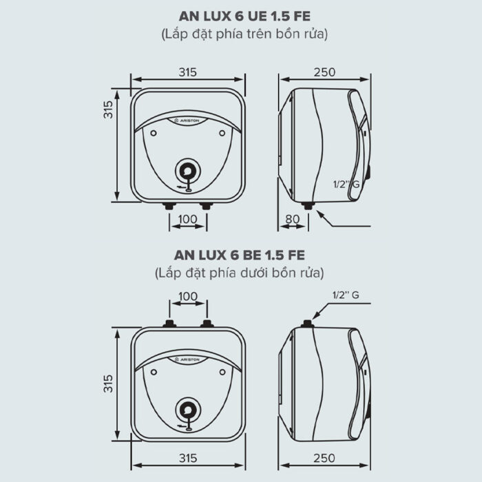Bản vẽ kỹ thuật Bình nóng lạnh ARISTON ANDRIS AN LUX 6 UE BE (CẤP TRÊN DƯỚI) BẾP 6L lít gián tiếp