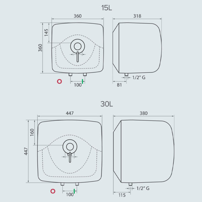Bản vẽ kỹ thuật Bình nóng lạnh ARISTON BLU 15 30 R 15L 30L lít vuông gián tiếp 2.5FE 2500W