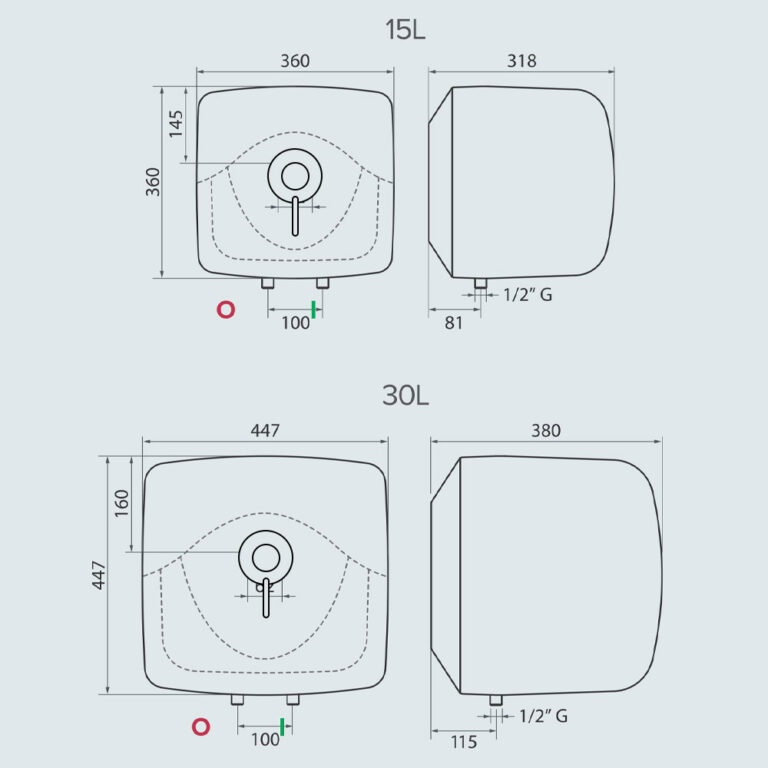 Bản vẽ kỹ thuật Bình nóng lạnh ARISTON BLU 15 30 R 15L 30L lít vuông gián tiếp 2.5FE 2500W