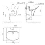 Bản vẽ kĩ thuật chậu lavabo VIGLACERA V64 liền chân treo tường