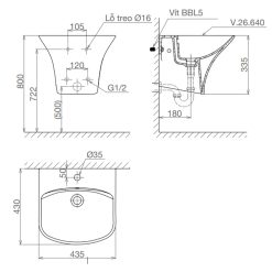 Bản vẽ kĩ thuật chậu lavabo VIGLACERA V64 liền chân treo tường
