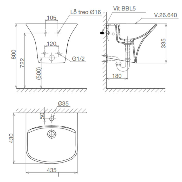 Bản vẽ kĩ thuật chậu lavabo VIGLACERA V64 liền chân treo tường