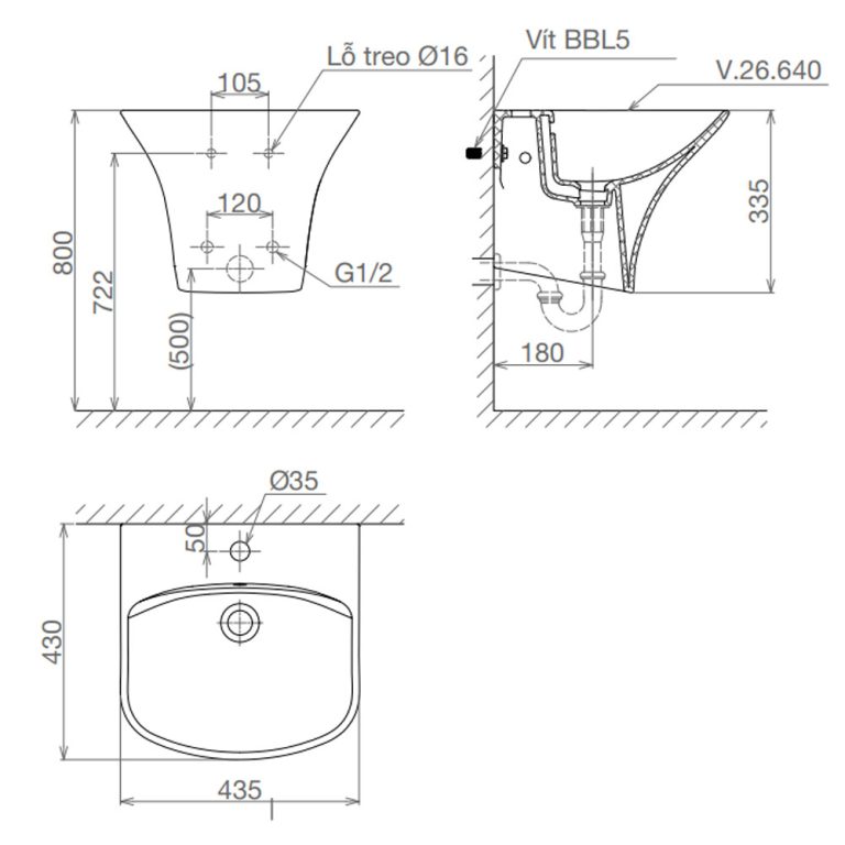 Bản vẽ kĩ thuật chậu lavabo VIGLACERA V64 liền chân treo tường