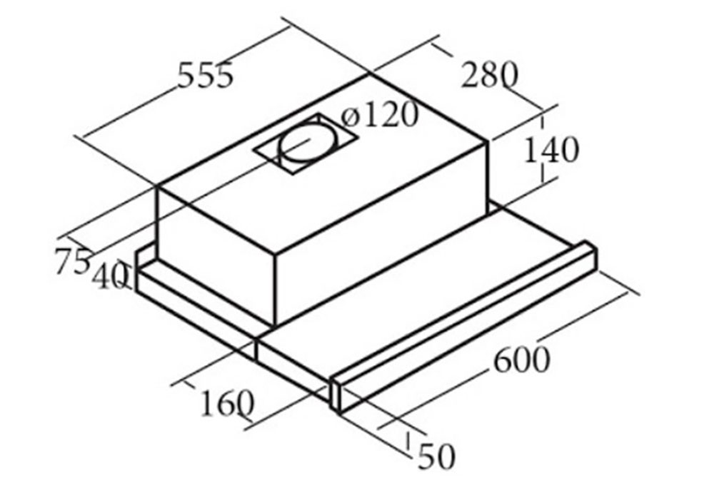 Bản vẽ kích thước Máy hút mùi CATA TF 2003 60 GBK 60cm âm tủ