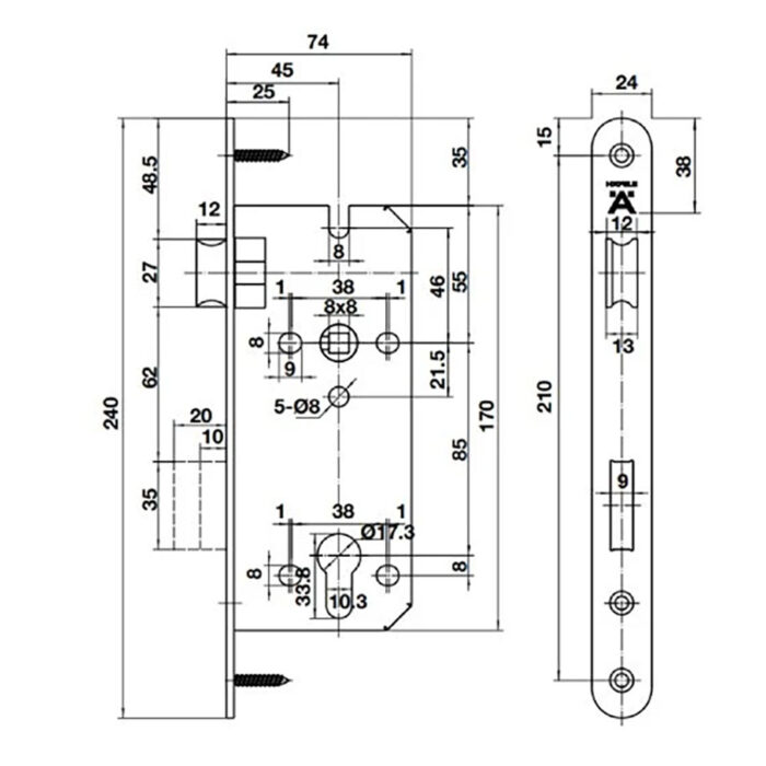 Bản vẽ kích thước Ruột khóa cửa HAFELE 48910.562 489.10.563