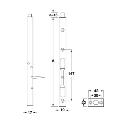 Bản vẽ kích thước Chốt âm cửa HAFELE 200mm 305mm 489.71.450 489.71.460