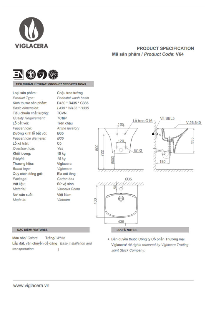 Thông-số-kĩ-thuật-chậu-lavabo-VIGLACERA-V64-liền-chân-treo-tường