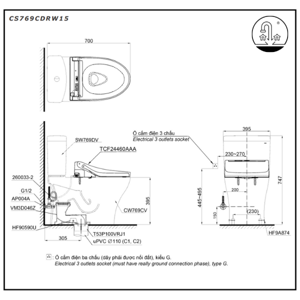 TOTO CS769CDRW15 - Bồn cầu thông minh nắp rửa điện tử TCF24460AAA