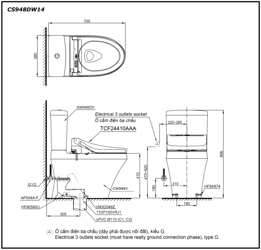 TOTO CS948DW14 - Bồn cầu thông minh nắp rửa điện tử TCF24410AAA