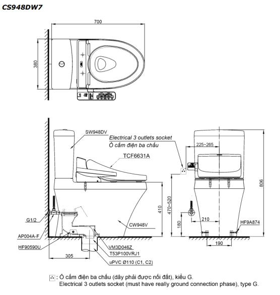 TOTO CS948DW7 - Bồn cầu thông minh nắp rửa điện tử TCF6631A 1 TOTO CS948DW7 - Bồn cầu thông minh nắp rửa điện tử TCF6631A