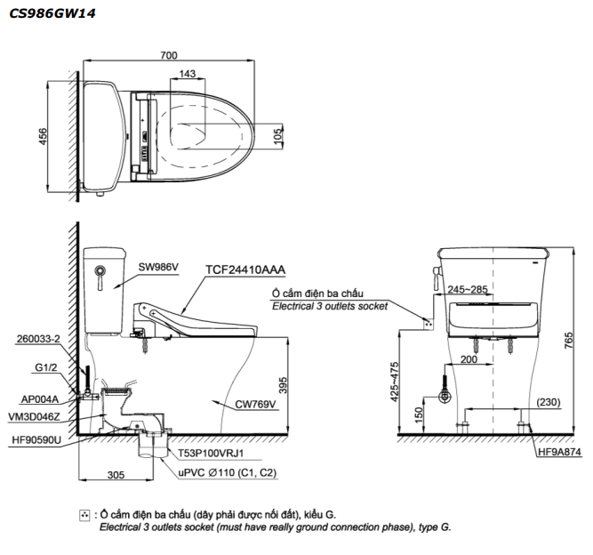TOTO CS986GW14 - Bồn cầu thông minh nắp rửa điện tử TCF24410AAA