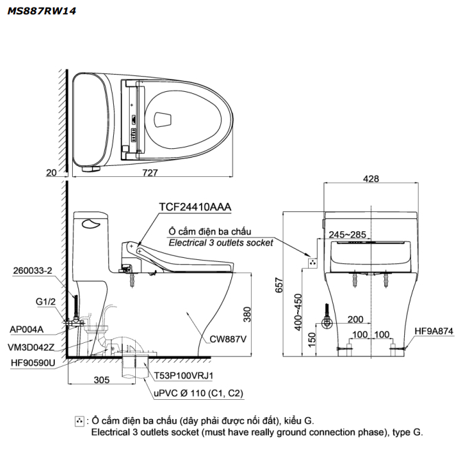 TOTO MS887RW14 - Bồn cầu thông minh nắp rửa điện tử TCF24410AAA 2 TOTO MS887RW14 - Bồn cầu thông minh nắp rửa điện tử TCF24410AAA