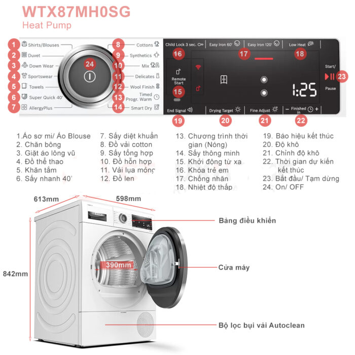 Máy sấy quần áo BOSCH WTX87MH0SG 9kg Serie 8 - Ảnh 2