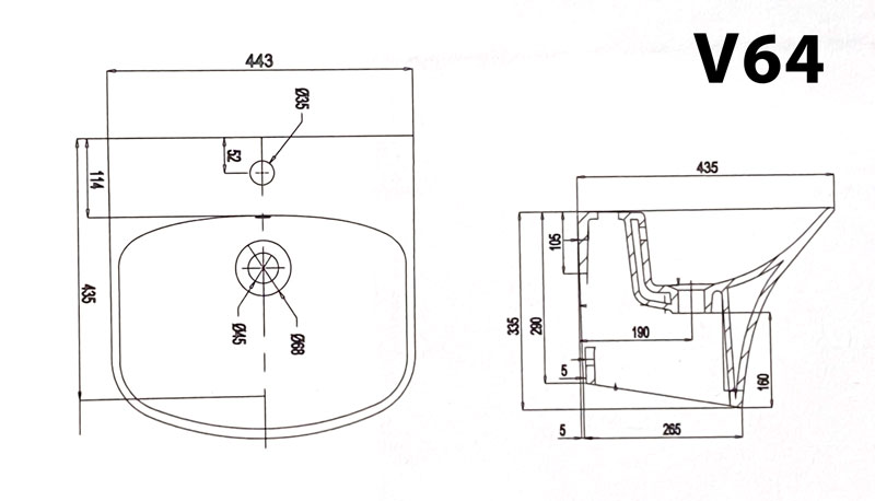 VIGLACERA V64 - Chậu lavabo treo tường liền chân 2 VIGLACERA V64 - Chậu lavabo treo tường liền chân
