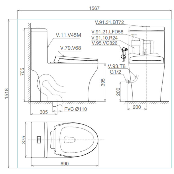 Bản-vẽ-kĩ-thuật-Bồn-cầu-1-khối-VIGLACERA-V45-V45M-nắp-êm
