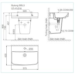 Bản vẽ kĩ thuật chậu lavabo VIGLACERA CD58 kèm chân lửng treo tường