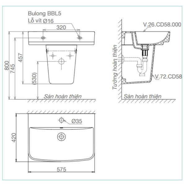 Bản vẽ kĩ thuật chậu lavabo VIGLACERA CD58 kèm chân lửng treo tường